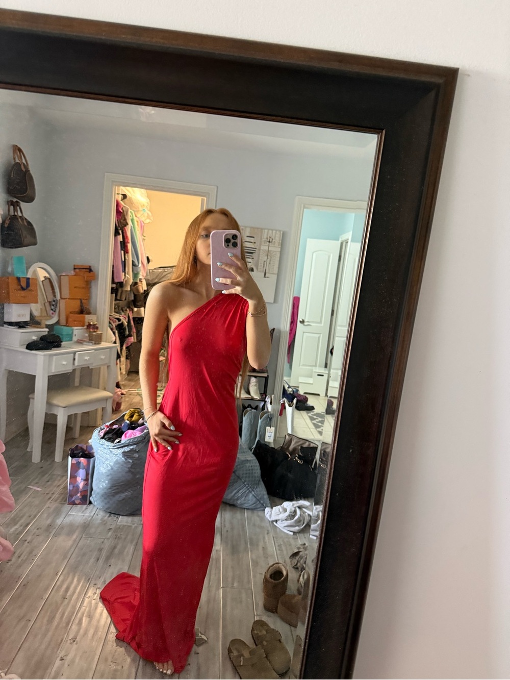 Red One-Shoulder Evening Gown